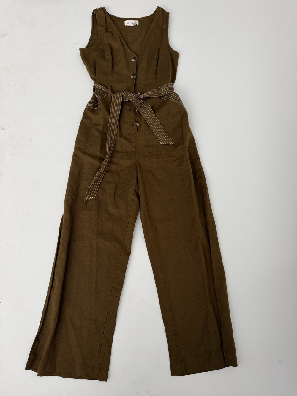 Anthropologie Rhian green linen jumpsuit Waist Tie Sz 8 Casual Urban - Picture 2 of 9